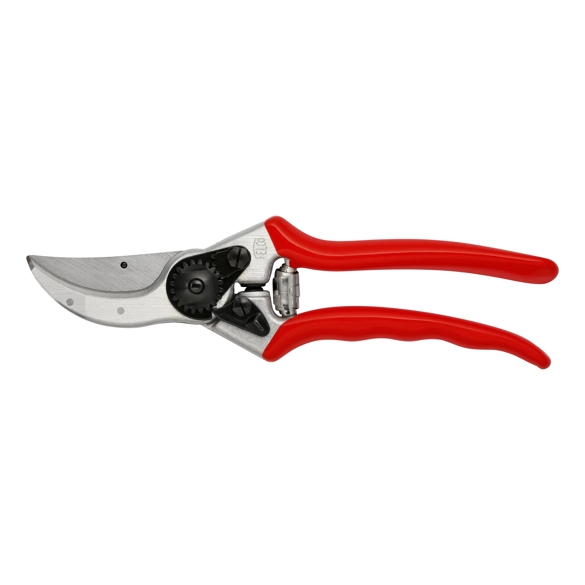 Hands using red-handled FELCO bypass pruners on a rose stem