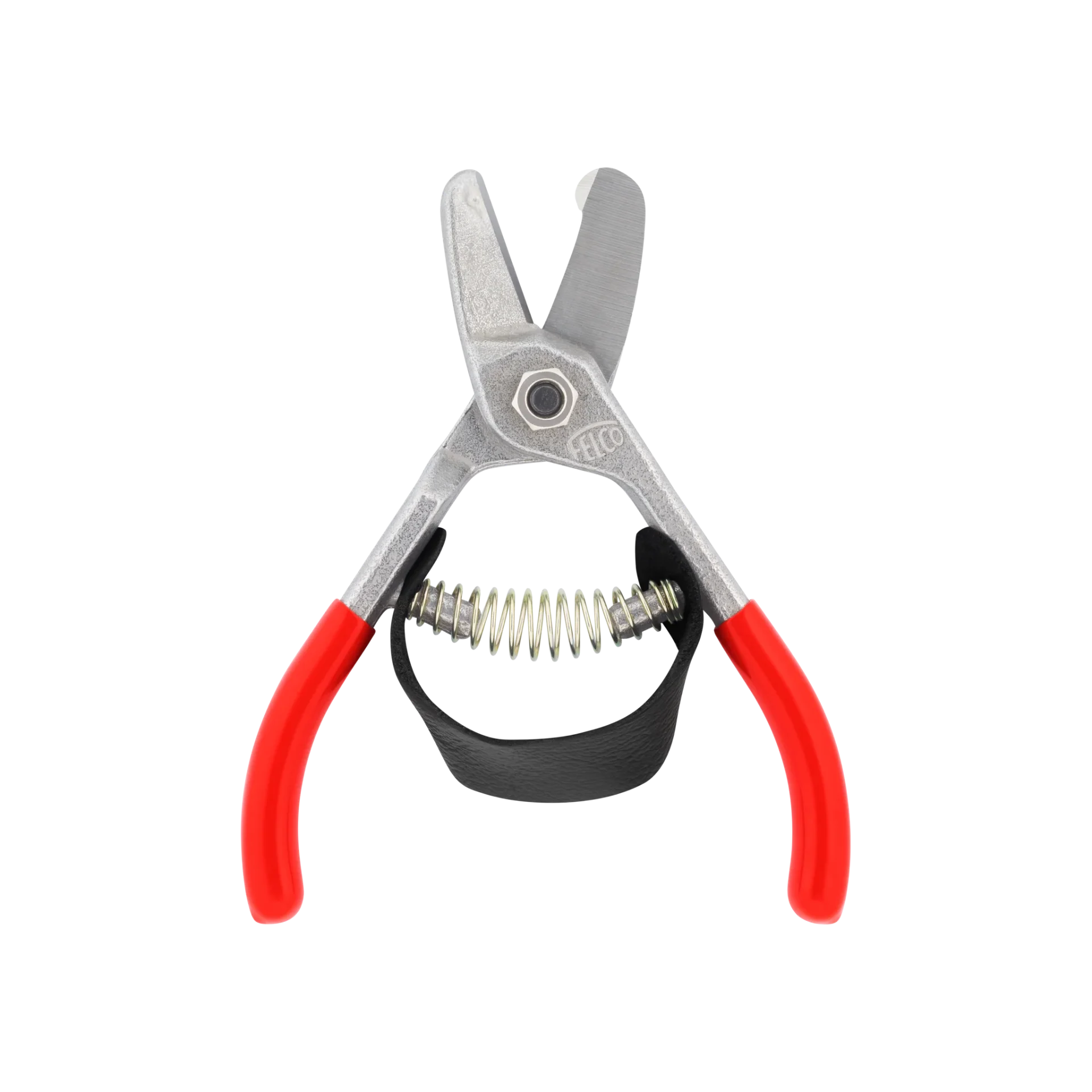 Gardener deadheading a flower with red-handled garden snips