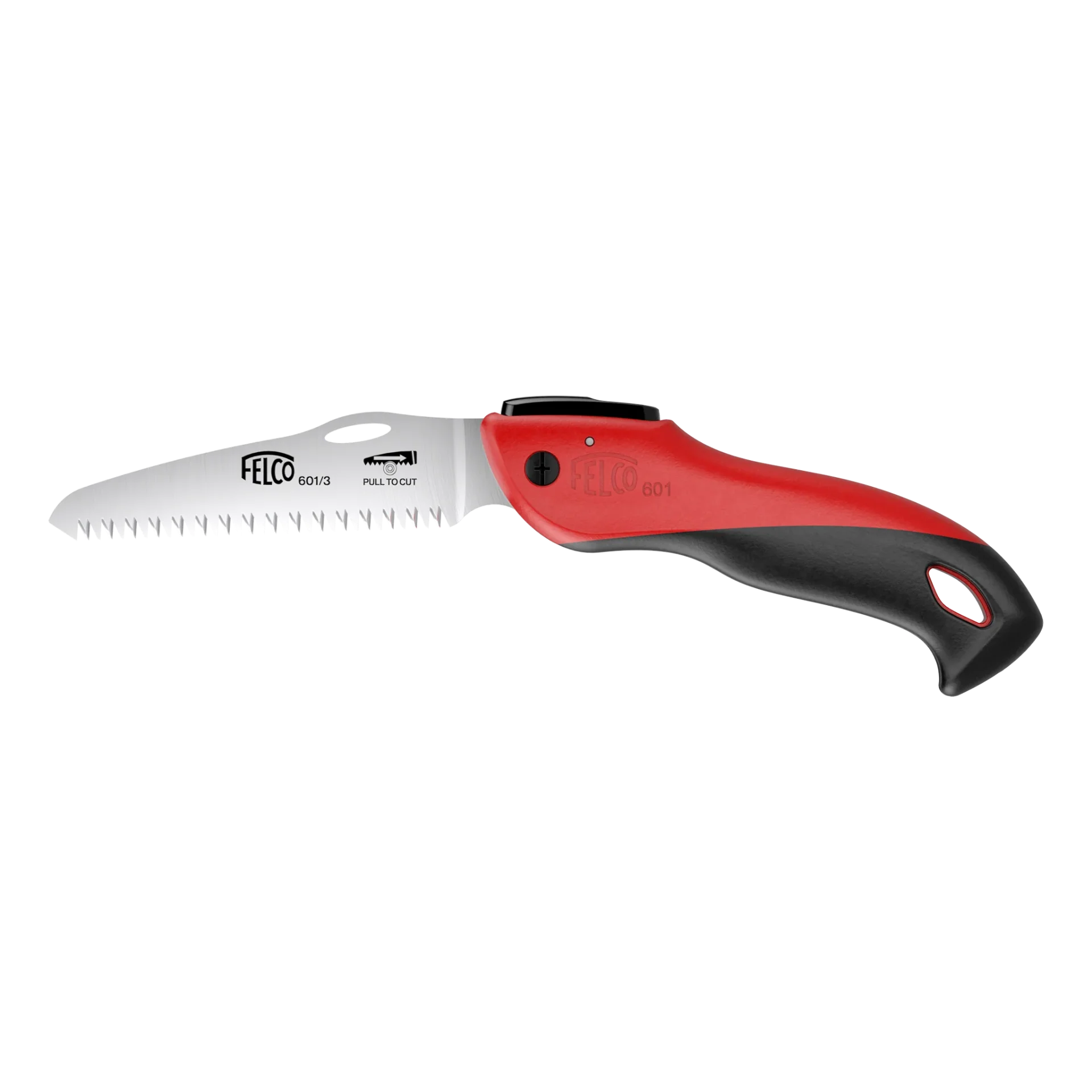 Hand using a red-handled folding pruning saw on a tree branch